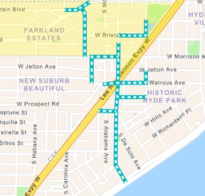 A map of Hyde Park centered on Howard Ave. Green hatch indicating water main improvements cover most of the area.