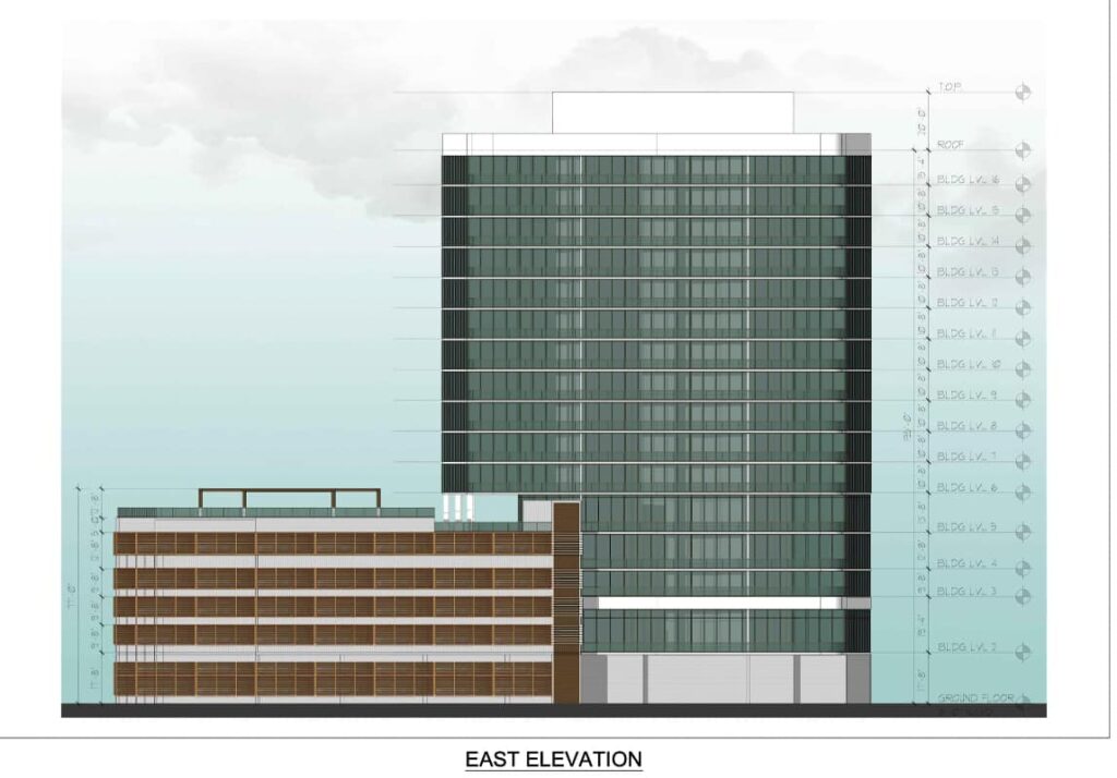 Architectural rendering of the site plan for 2713 Bayshore Blvd submitted for hearing 1-28-25. Depicts 16 story building with 5 story garage shifted to the south (left of building).