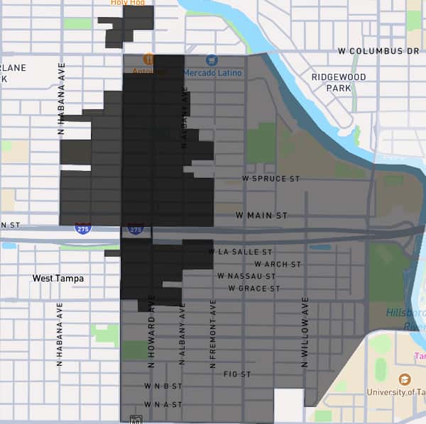 Map of Tampa generally west of river, north of Kennedy Blvd, east of Habana, south of Columbus. Districts are gray scaled