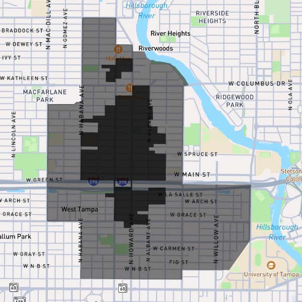 Map of Tampa generally west of river, north of Kennedy Blvd, east of Habana, south of Columbus. Districts are gray scaled