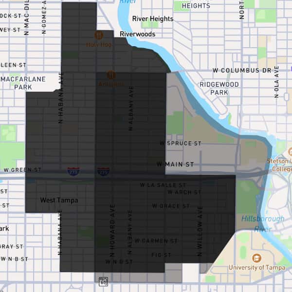 Map of Tampa generally west of river, north of Kennedy Blvd, east of Habana, south of Columbus. Districts are gray scaled.